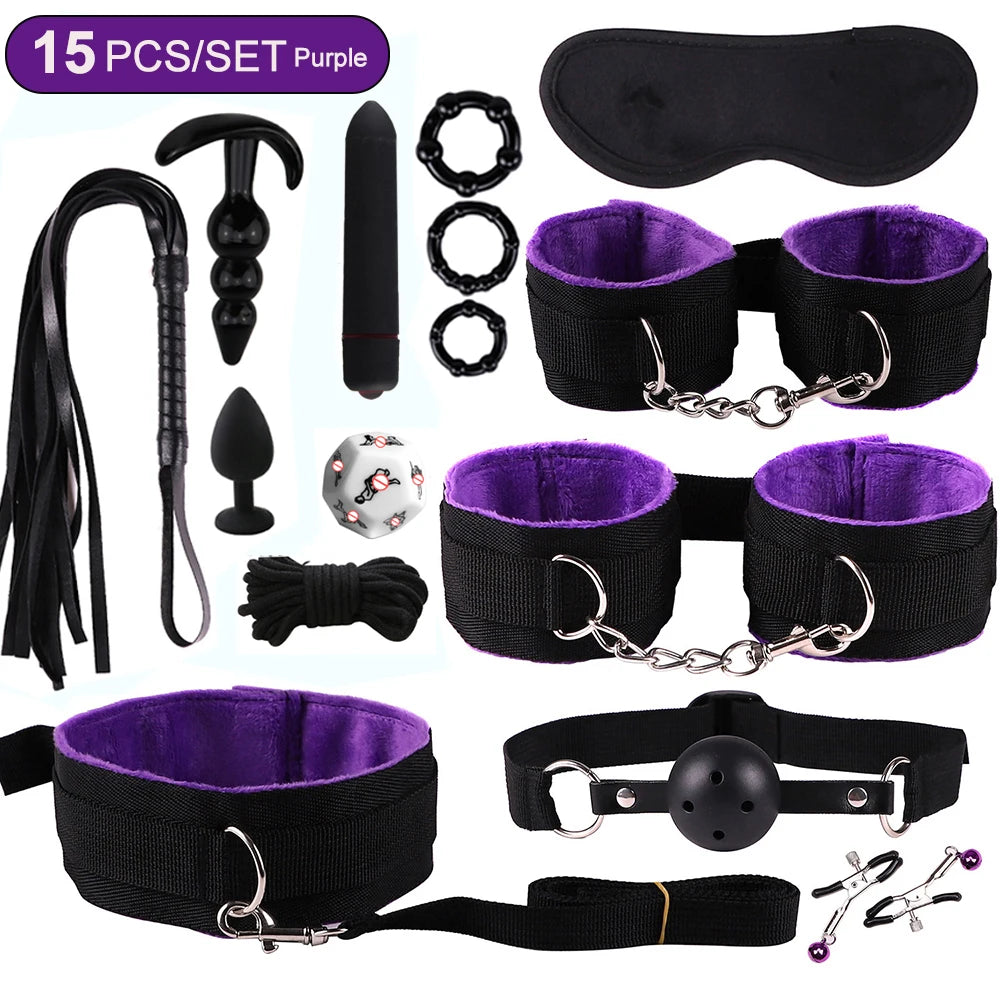 Exotic BDSM Bed Bondage Kit – Handcuffs, Whip & Gag