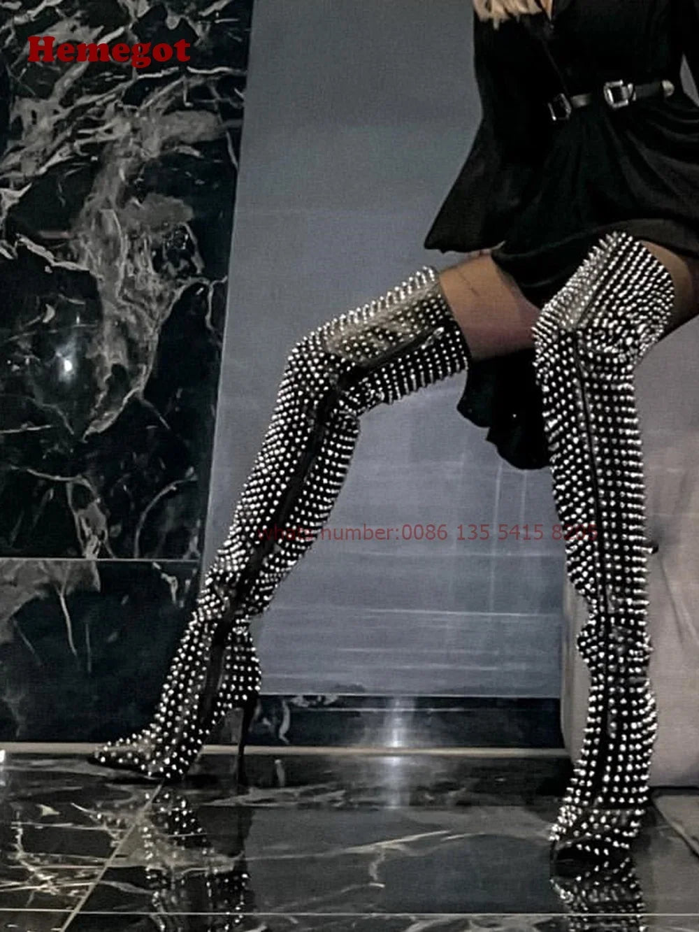 Silver Studded Thigh-High Boots Women Pointy Toe Heels