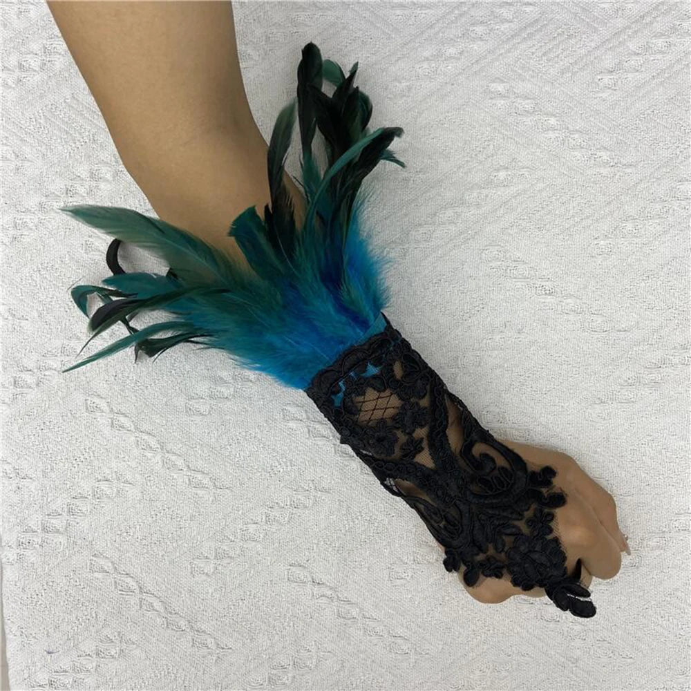 Sexy Lace Feather Long Gloves Women Gothic Fingerless