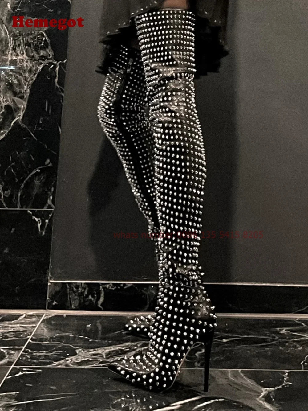 Silver Studded Thigh-High Boots Women Pointy Toe Heels