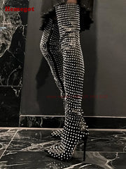 Silver Studded Thigh-High Boots Women Pointy Toe Heels