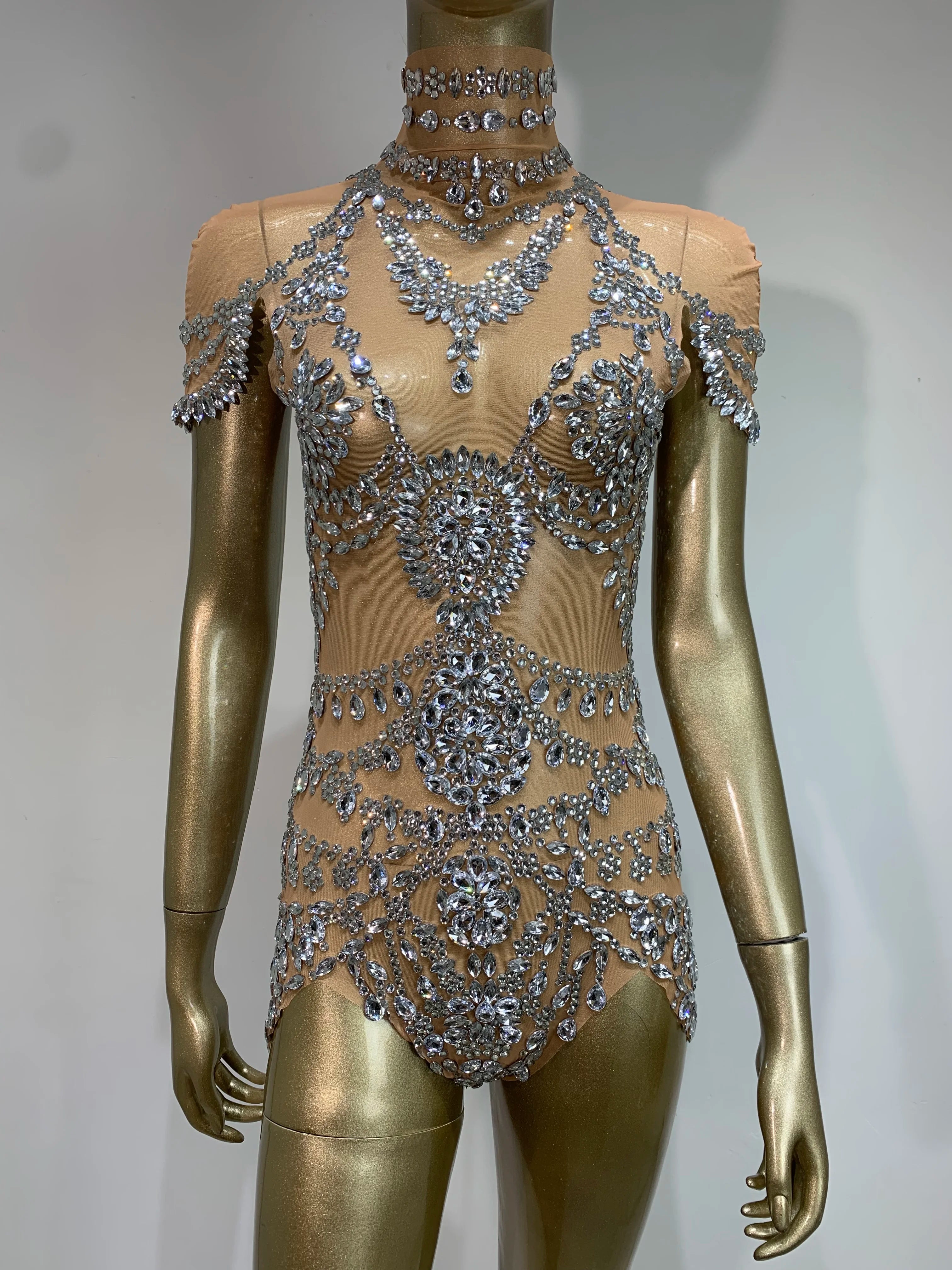 Sparkly Rhinestone Mesh Bodysuit Women Club Outfit