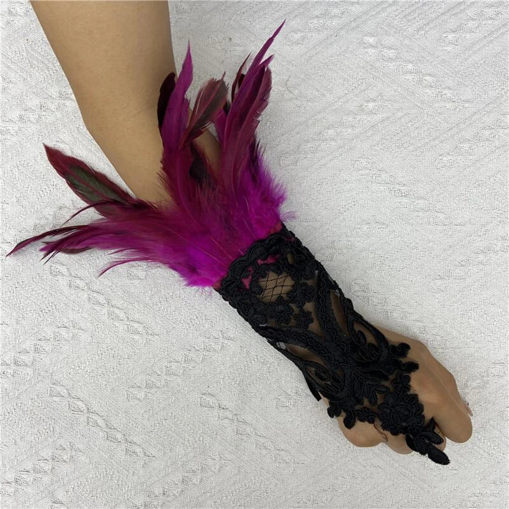 Sexy Lace Feather Long Gloves Women Gothic Fingerless