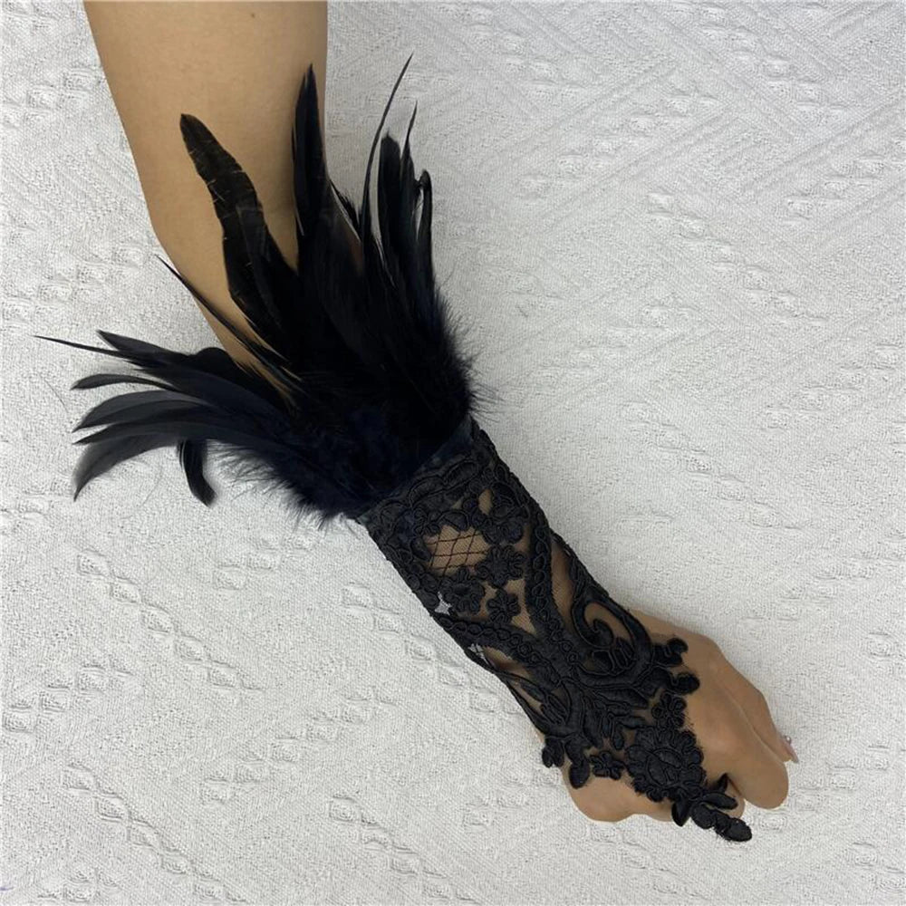 Sexy Lace Feather Long Gloves Women Gothic Fingerless