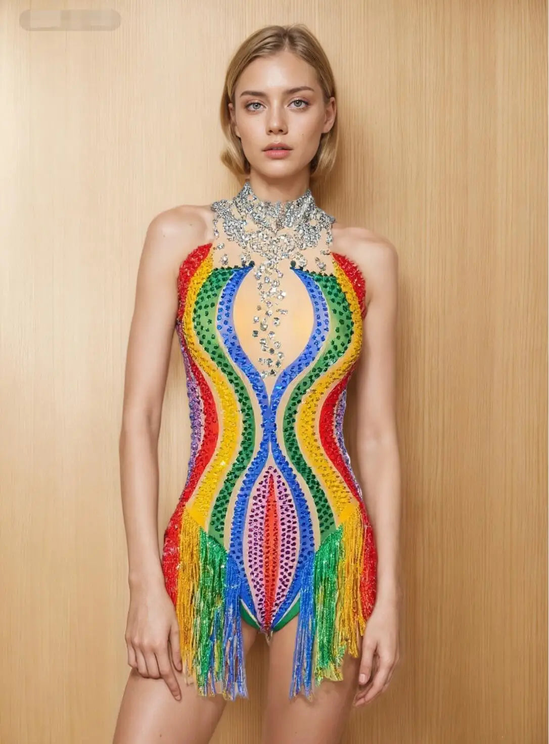 Rainbow Rhinestone Bodysuit Women Sexy Nightclub Outfit