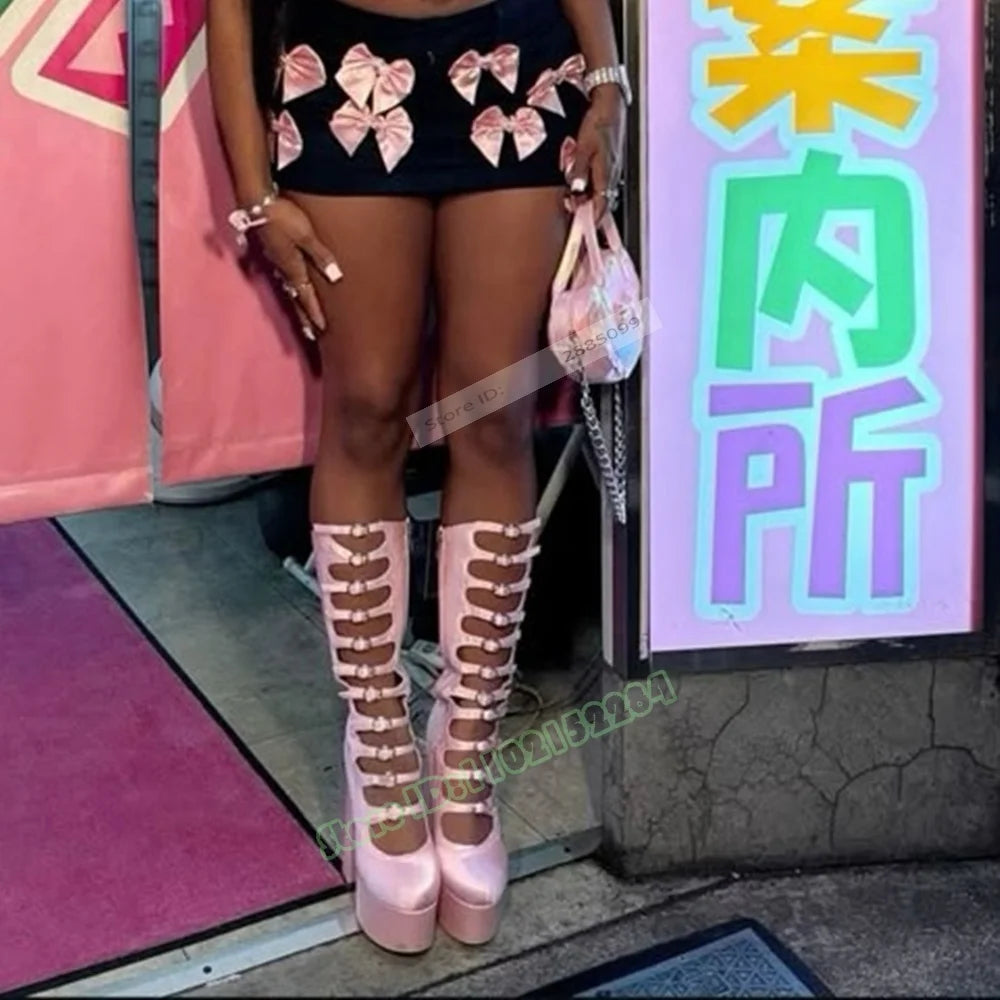 High Platform Pink Chunky Heel Strappy Knee-High Sandals