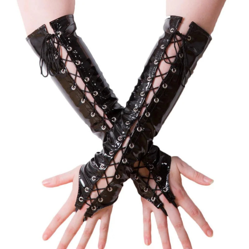 Sexy PVC PU Leather Gloves Women Long Fingerless Party
