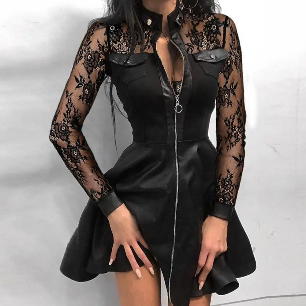Sexy Faux Leather Mini Dress Women Lace Zipper