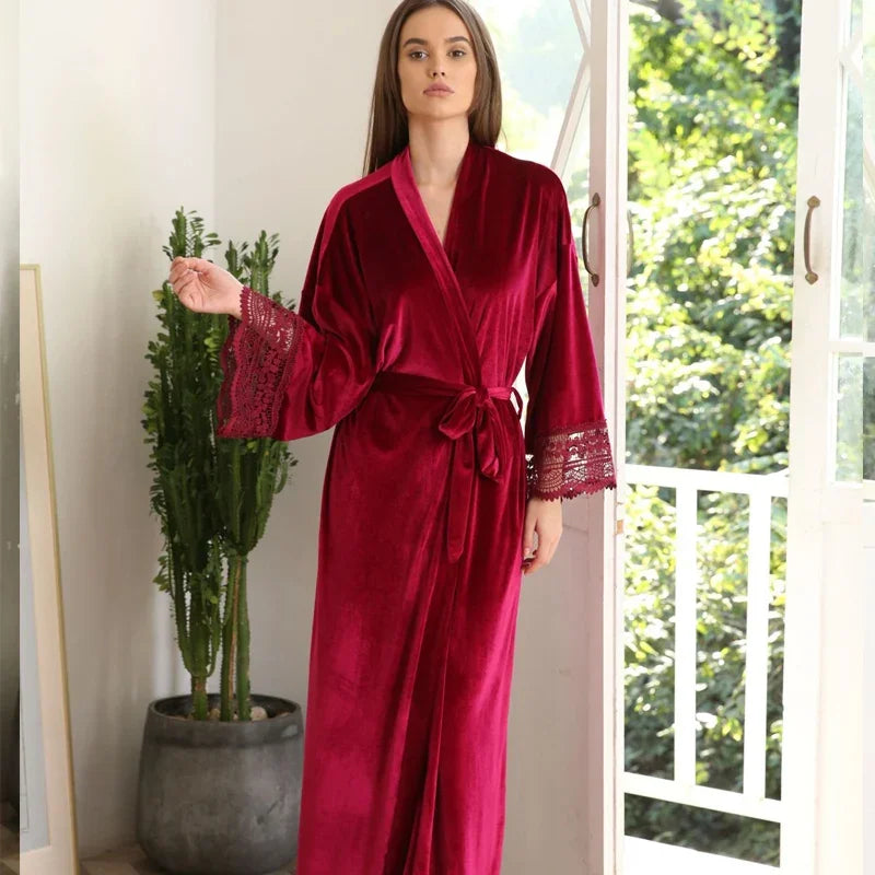 Women’s Velvet Nightgown Kimono Robe Sexy Lace Sleepwear