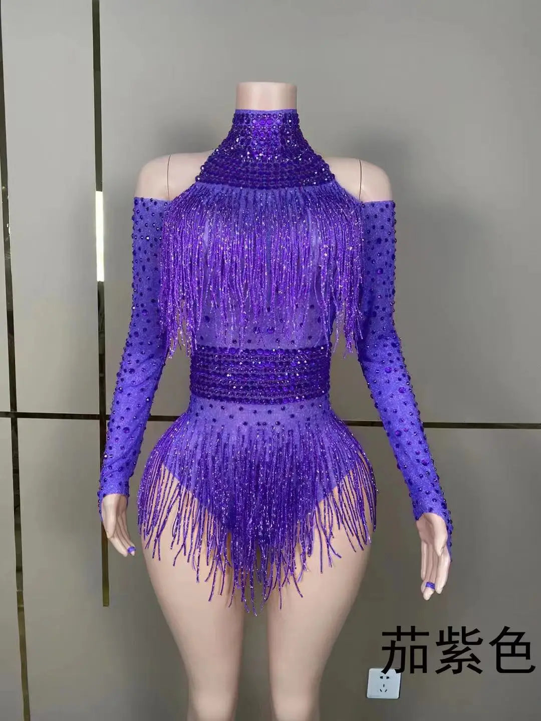 Green Red Black Rhinestone Fringe Bodysuit Clubwear