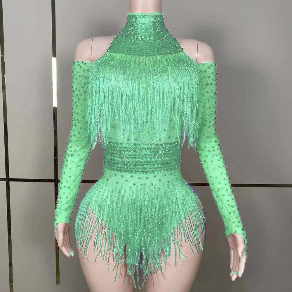 Green Red Black Rhinestone Fringe Bodysuit Clubwear