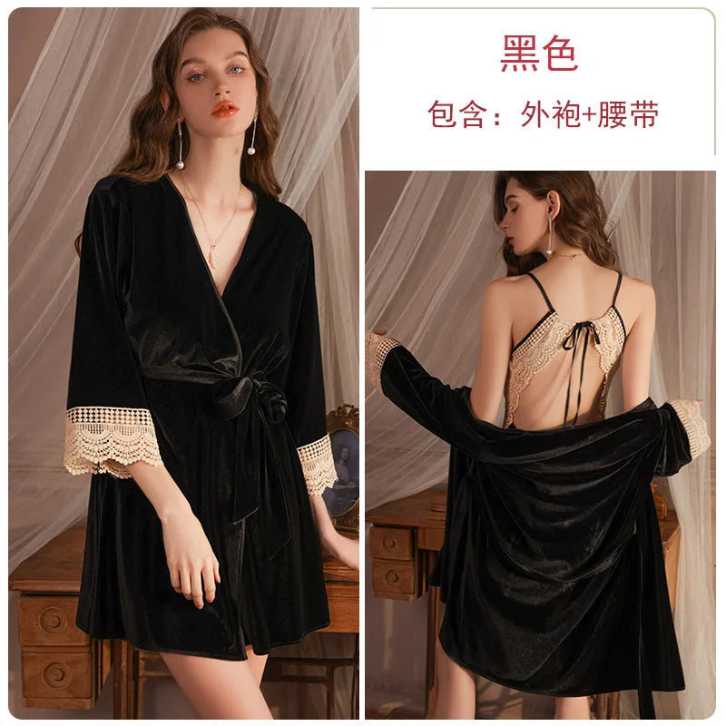 Sexy Deep V Backless Velvet Lace Nightdress Robe Women