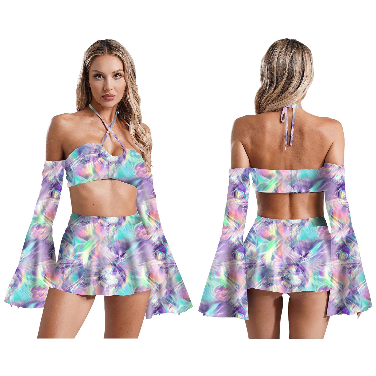 Women’s Rave Disco Pole Dance Outfit 3-Piece Skirt Set