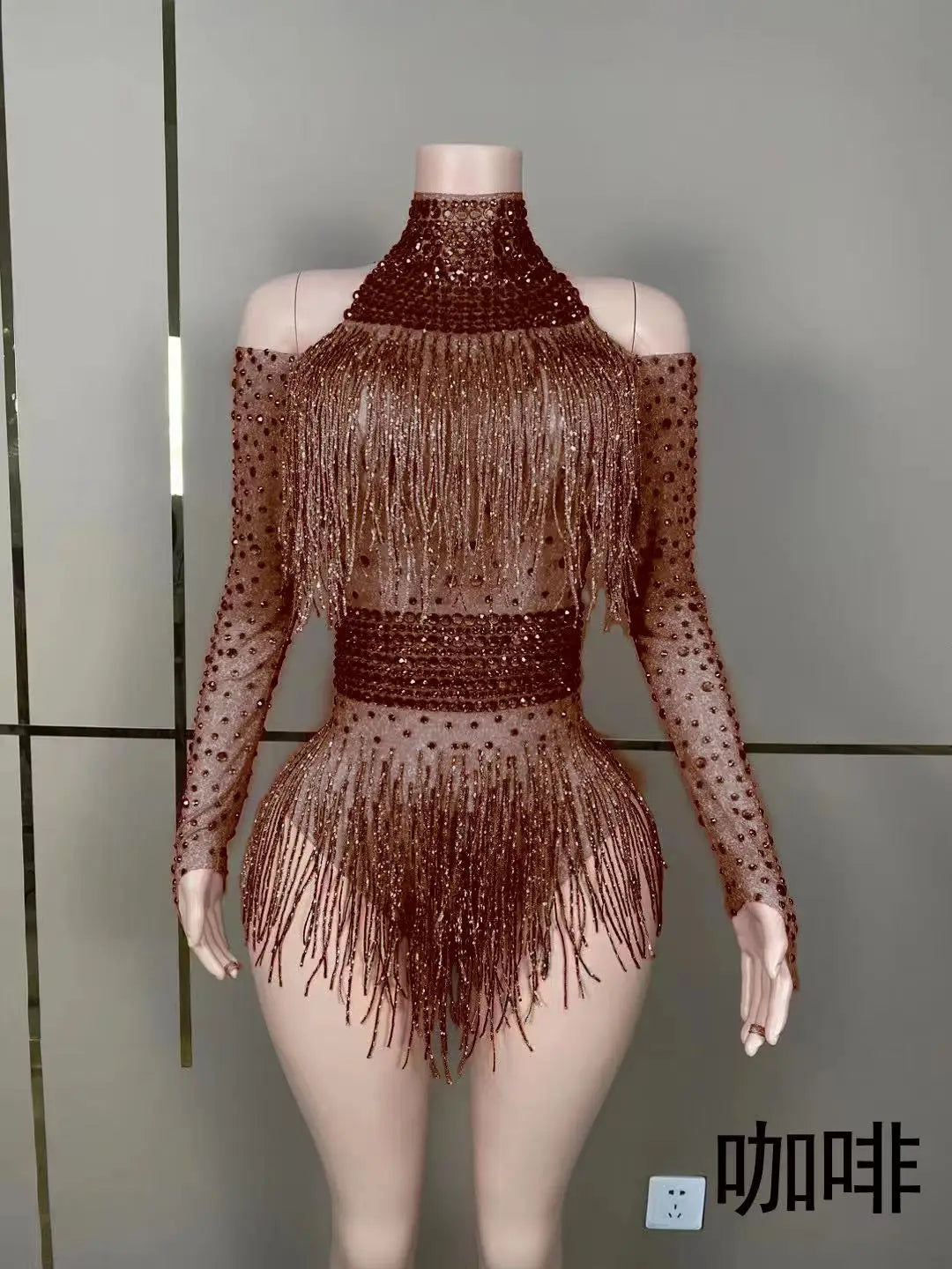 Green Red Black Rhinestone Fringe Bodysuit Clubwear
