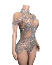 Bright Rhinestone Turtleneck Bodysuit Clubwear