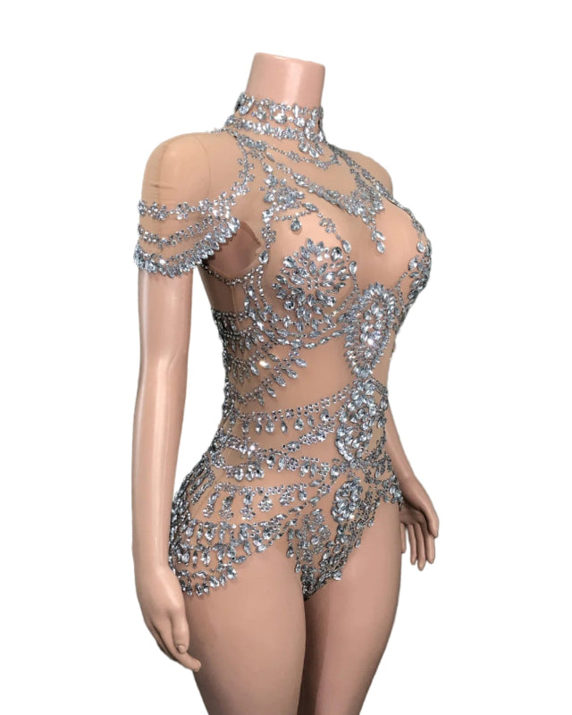 Bright Rhinestone Turtleneck Bodysuit Clubwear