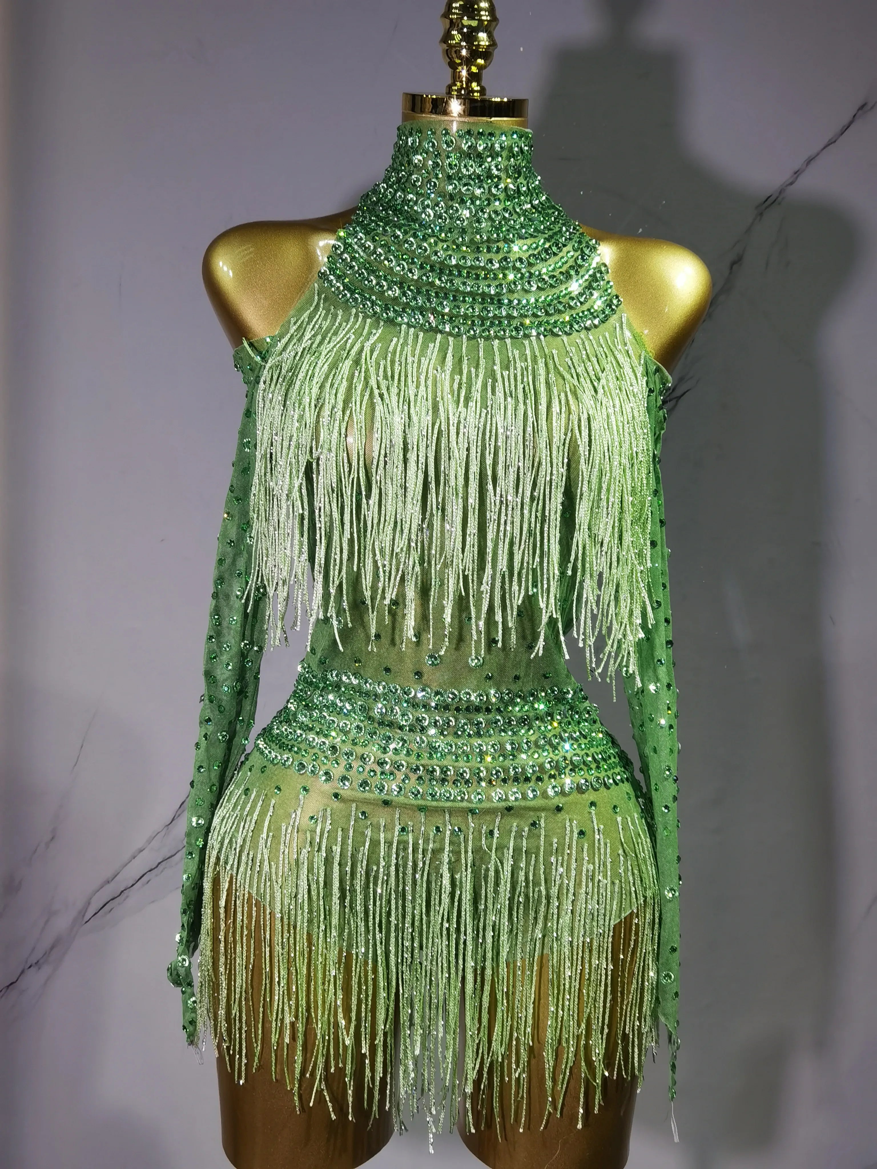 Rhinestone Fringe Bodysuit Rave Dance Outfit