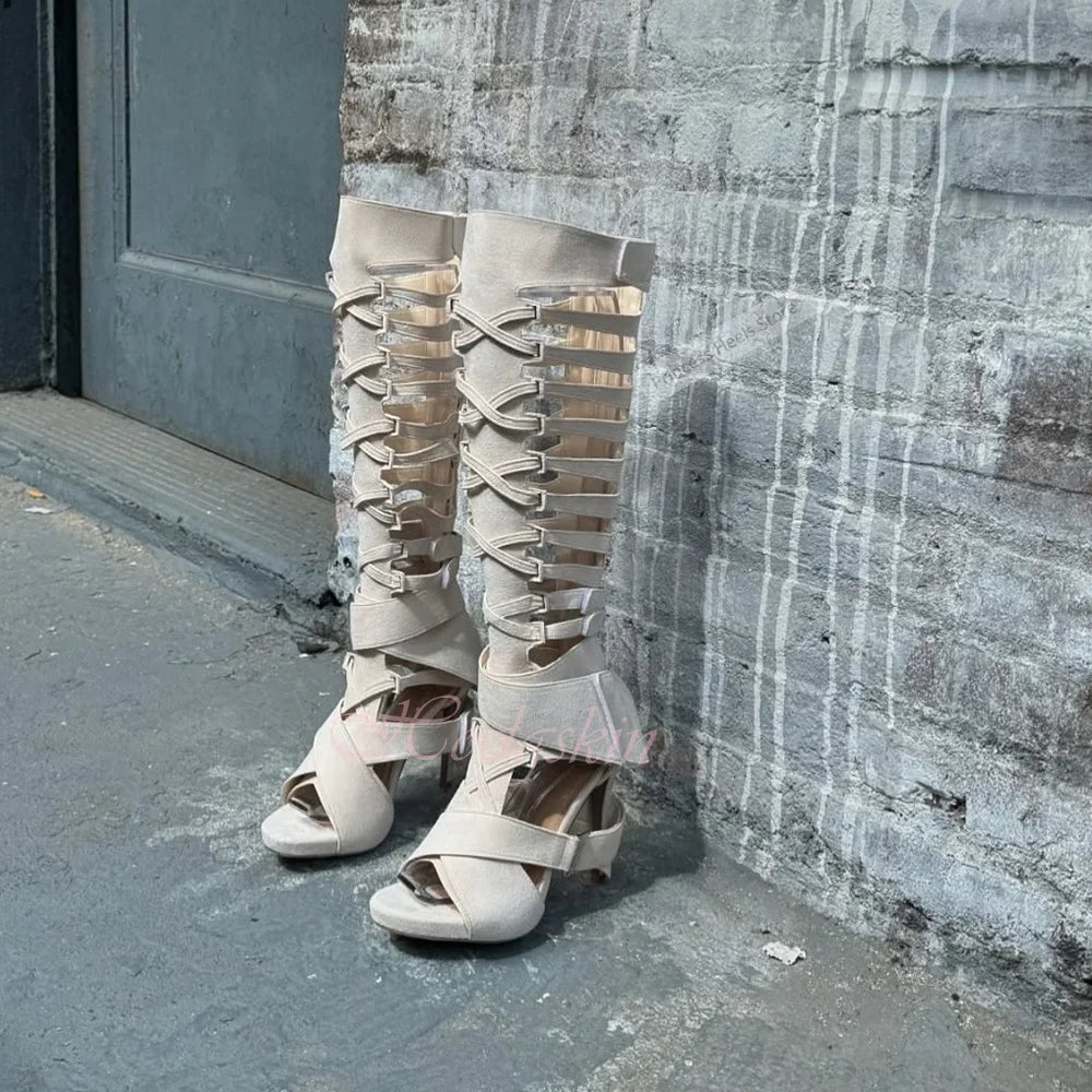 Hollow Strappy Knee-High Sandals Women Open Toe Heels