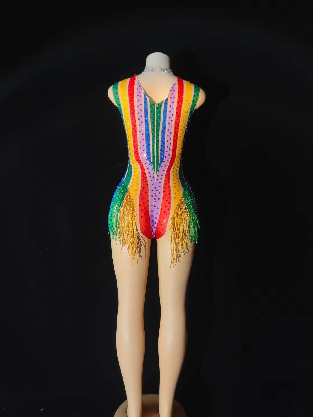 Rainbow Rhinestone Bodysuit Women Sexy Nightclub Outfit