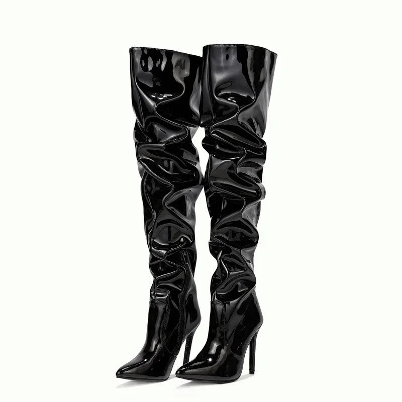 Sexy Pointy Thigh-High Boots Women Over-Knee Patent Heels