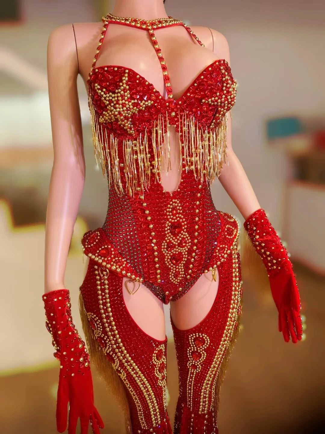 ChatGPT said:  Women’s Sparkly Red Rhinestone Bodysuit 4PC Party Set