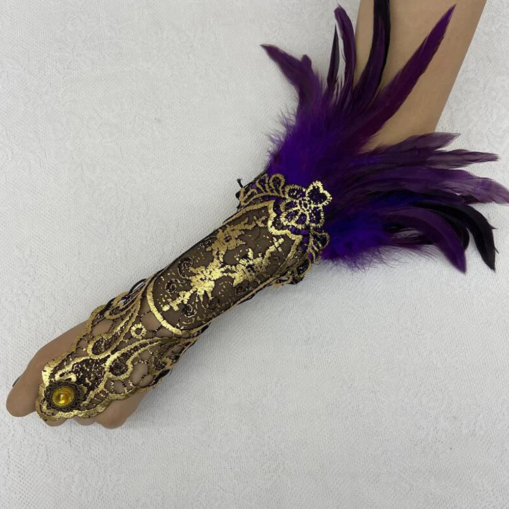 Sexy Lace Feather Long Gloves Women Gothic Fingerless