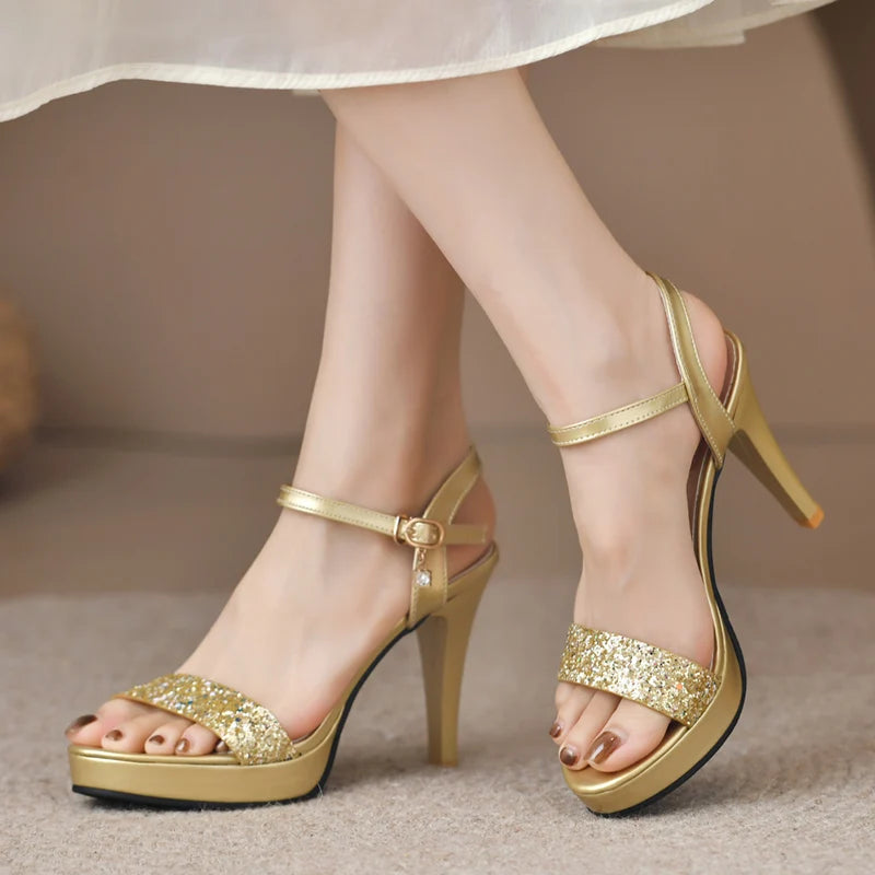 Gold & Silver Glitter Platform Heels Women Summer