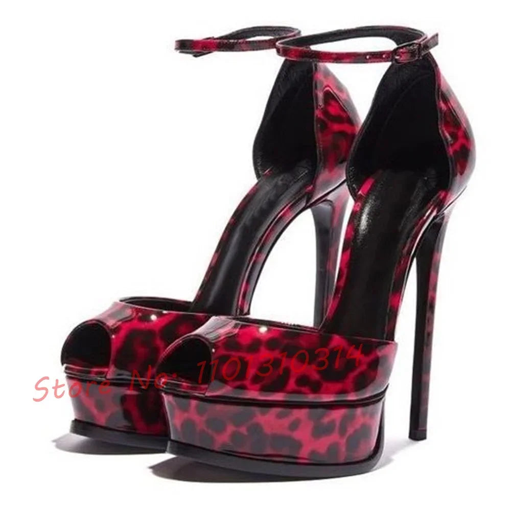 Red Leopard Platform Heels Women Sexy Peep Toe Sandals
