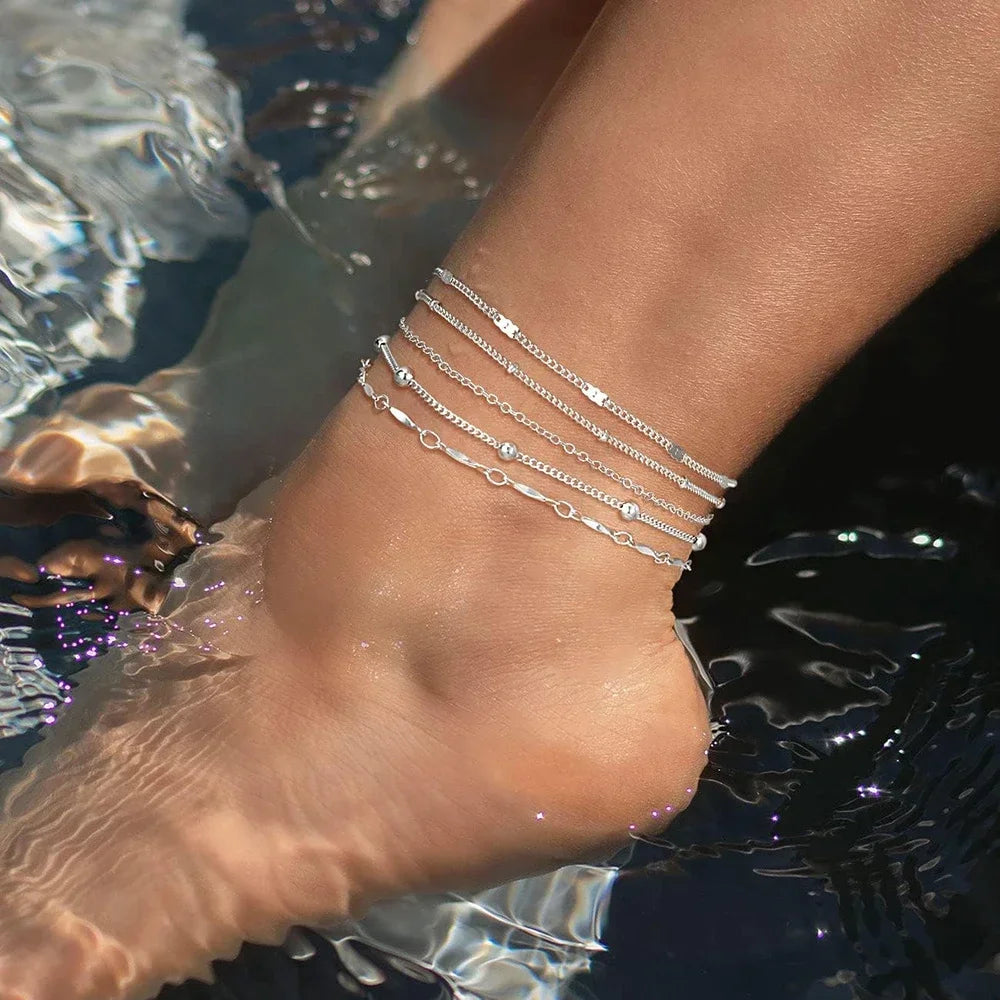 Shiny Layered Leaf Beaded Anklets Summer Jewelry Women