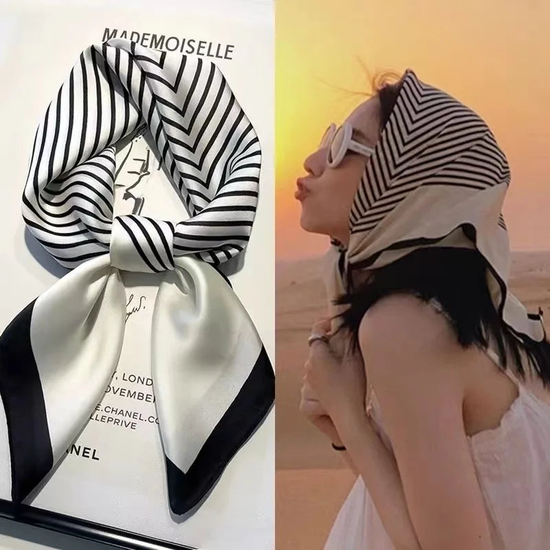 Luxury Black & White Silk Scarf Women Head Wrap Neckerchief
