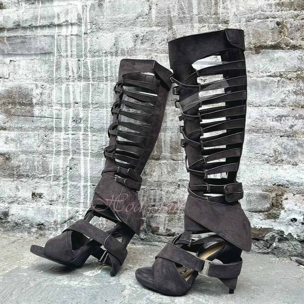 Hollow Strappy Knee-High Sandals Women Open Toe Heels