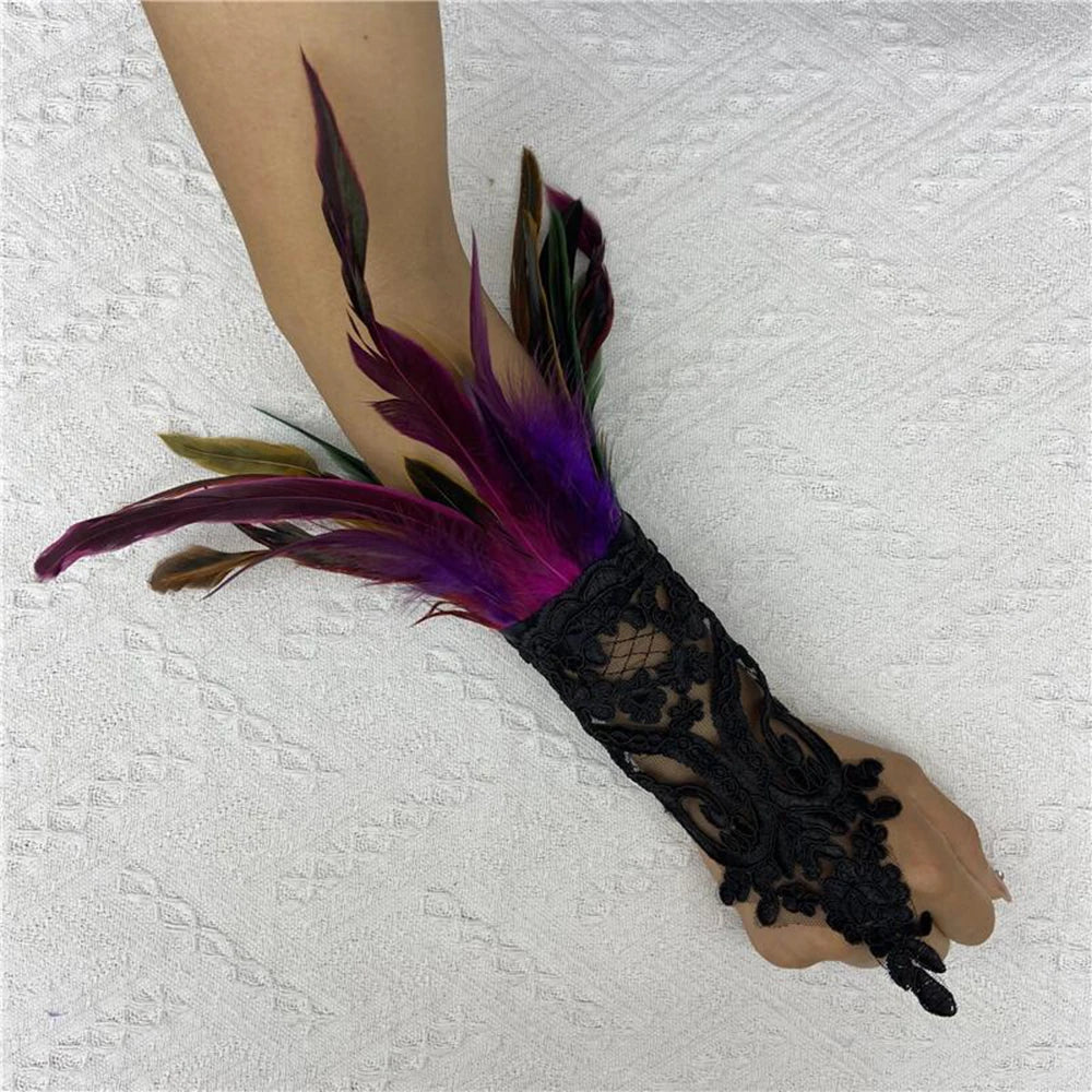 Sexy Lace Feather Long Gloves Women Gothic Fingerless