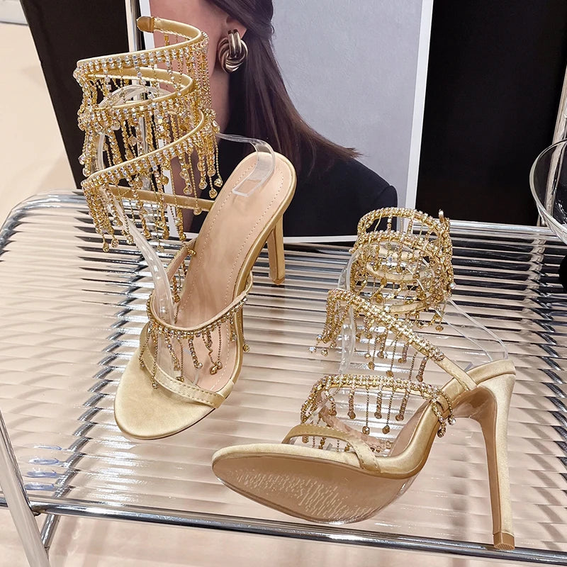 Rhinestone Peep Toe High Heels Women Crystal Sandals