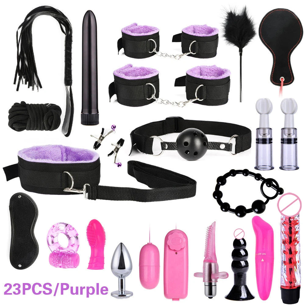 BDSM Bondage Kit for Adults – Handcuffs, Whip & Plug