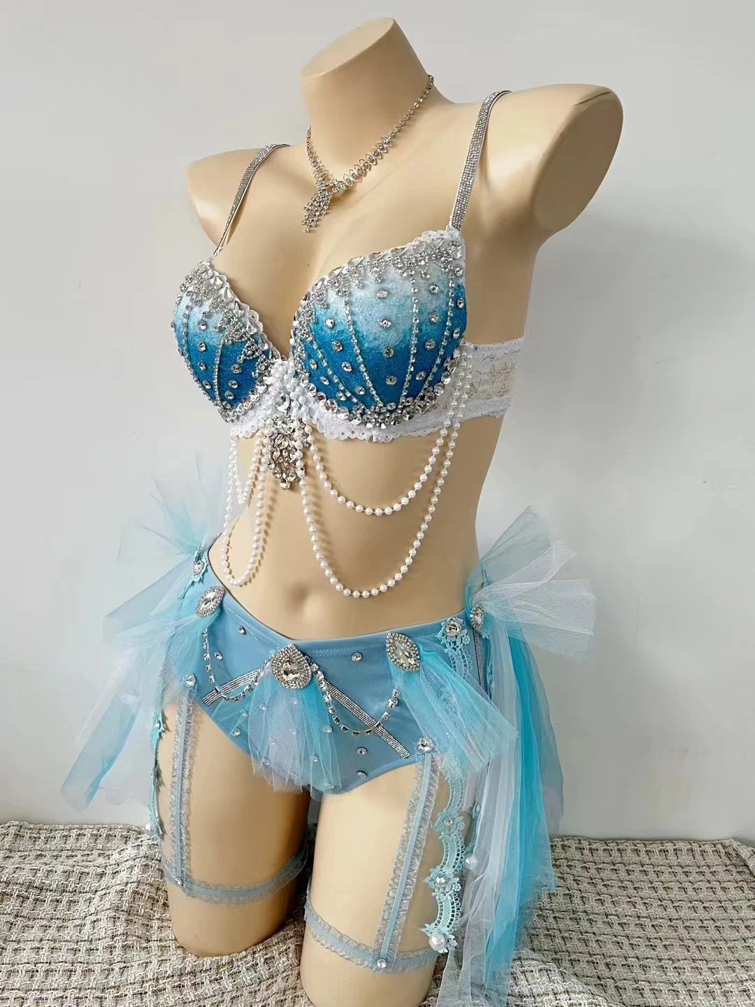 Women’s Blue Crystal Beading Bikini Pole Dance Outfit