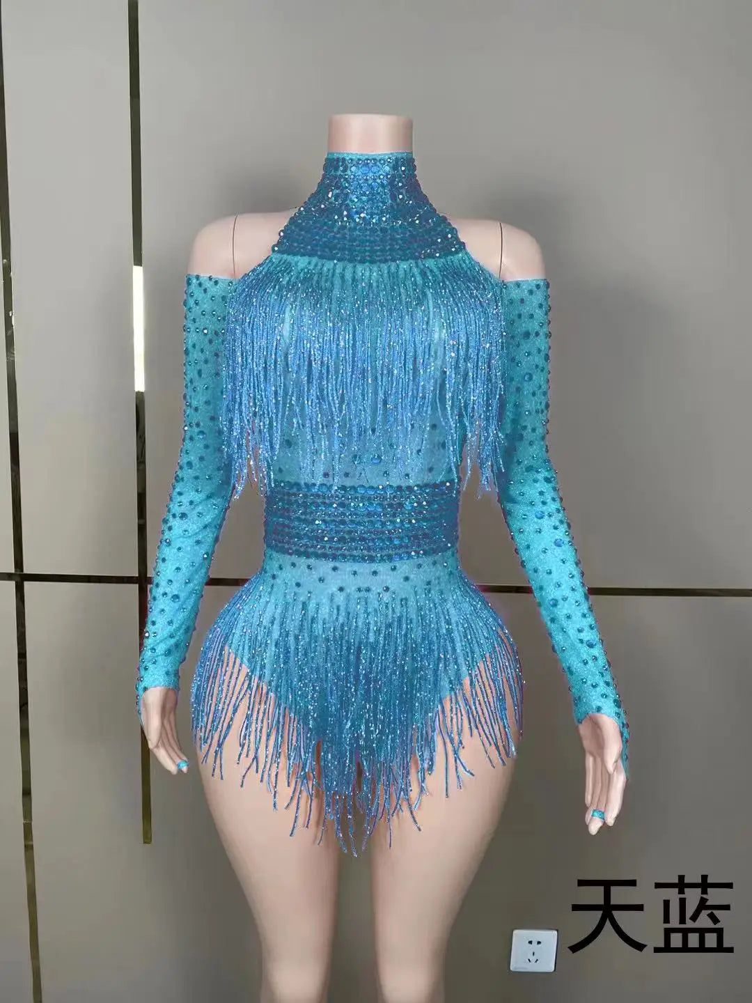 Green Red Black Rhinestone Fringe Bodysuit Clubwear