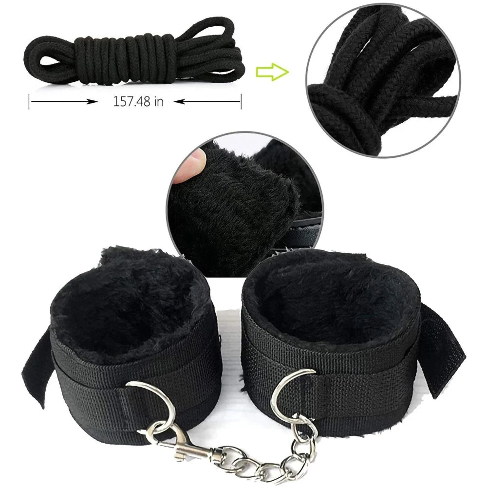 Exotic BDSM Bed Bondage Kit – Handcuffs, Whip & Gag