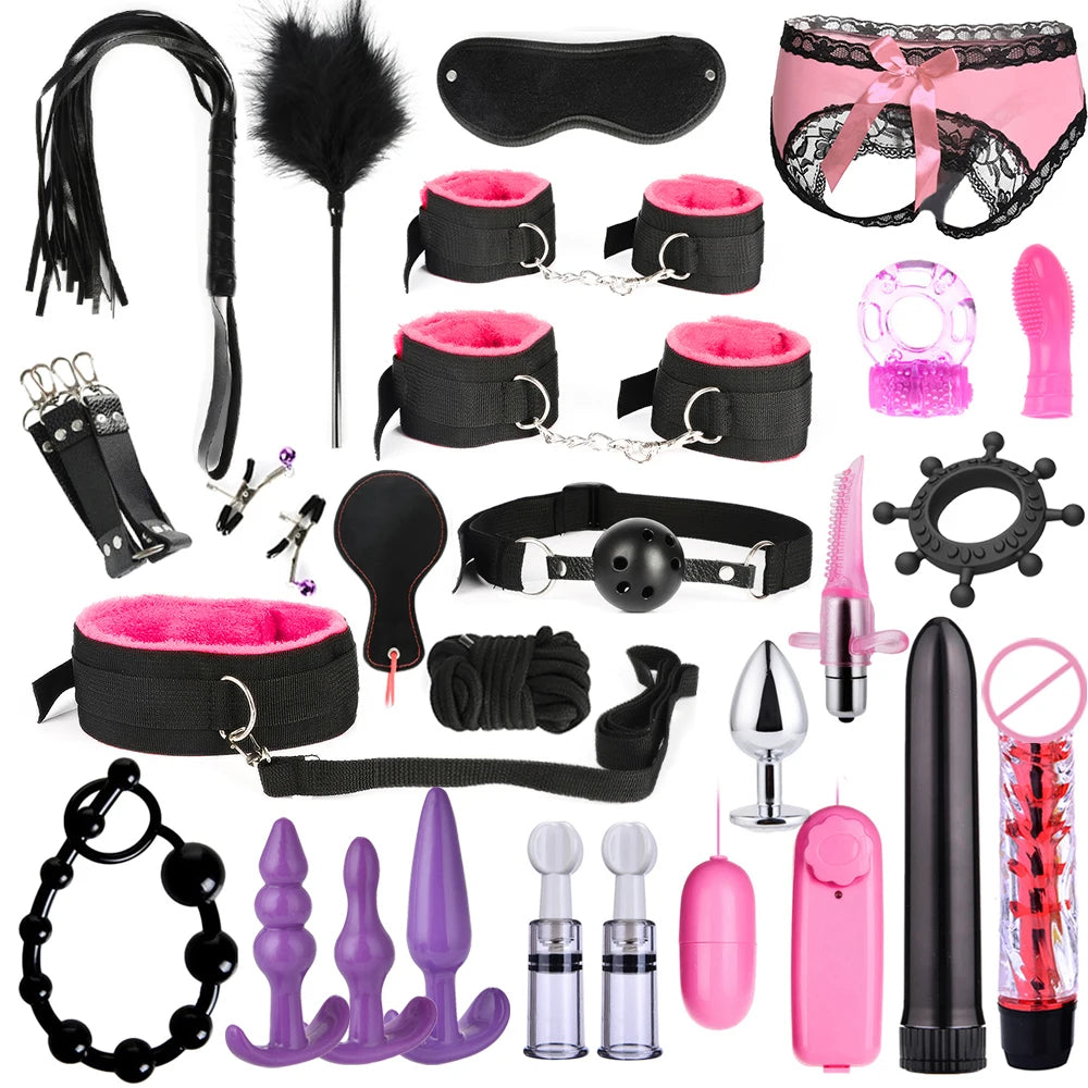 BDSM Bondage Kit for Adults – Handcuffs, Whip & Plug
