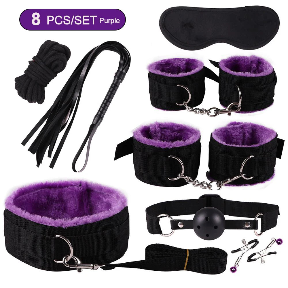 Exotic BDSM Bed Bondage Kit – Handcuffs, Whip & Gag